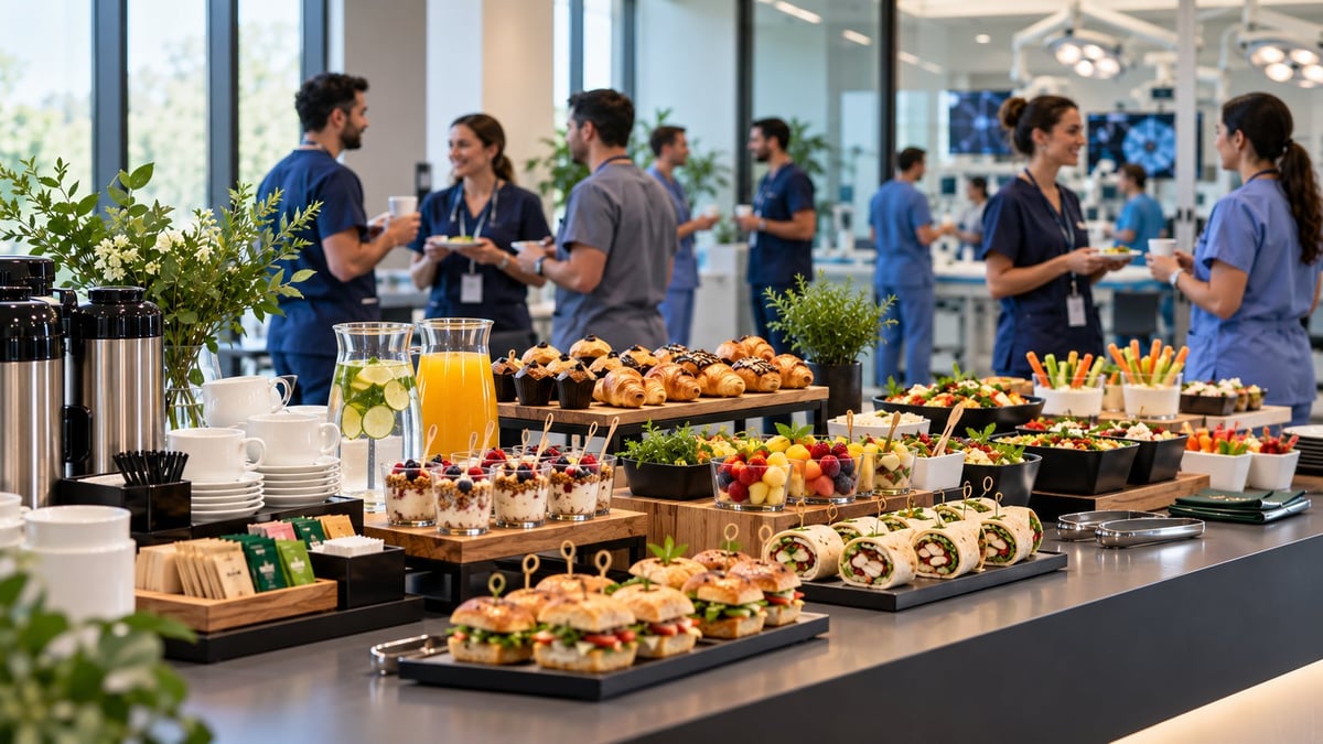 Buffet de catering con canapés, pasteles, fruta y bebidas sobre una mesa, con profesionales del sector salud conviviendo en un espacio moderno