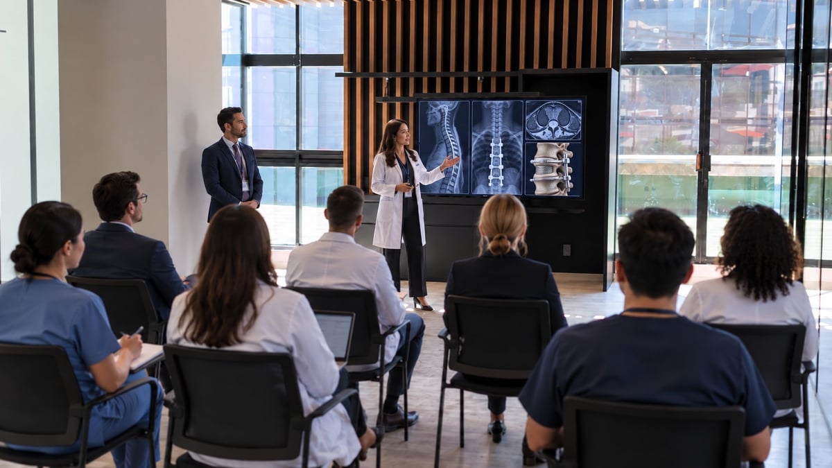 Profesionales del sector salud presentando imágenes de rayos X a una audiencia sentada en un espacio moderno con vista a la ciudad
