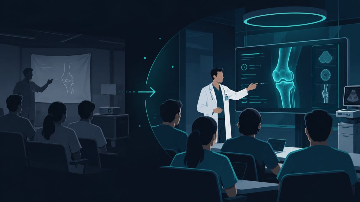 Médico presentando imágenes médicas y datos de anatomía a una audiencia en una sala de conferencias moderna con pantallas holográficas